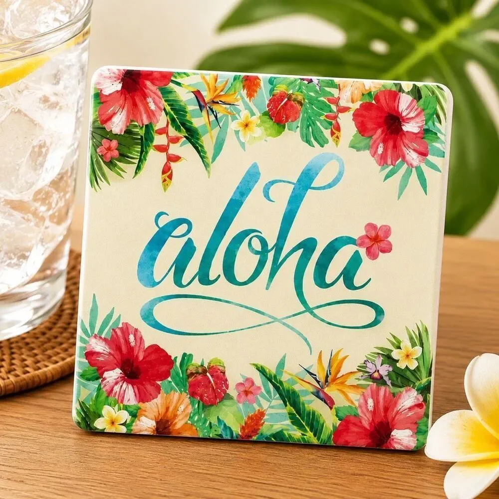Island Heritage Aloha Floral Absorbent Ceramic Coaster Set 2 Hawaiian Decor NWT